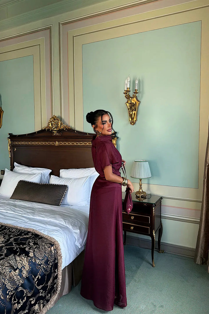 EYY Women Burgundy Long Dress with Shawl Detail - Nuevo Laredo