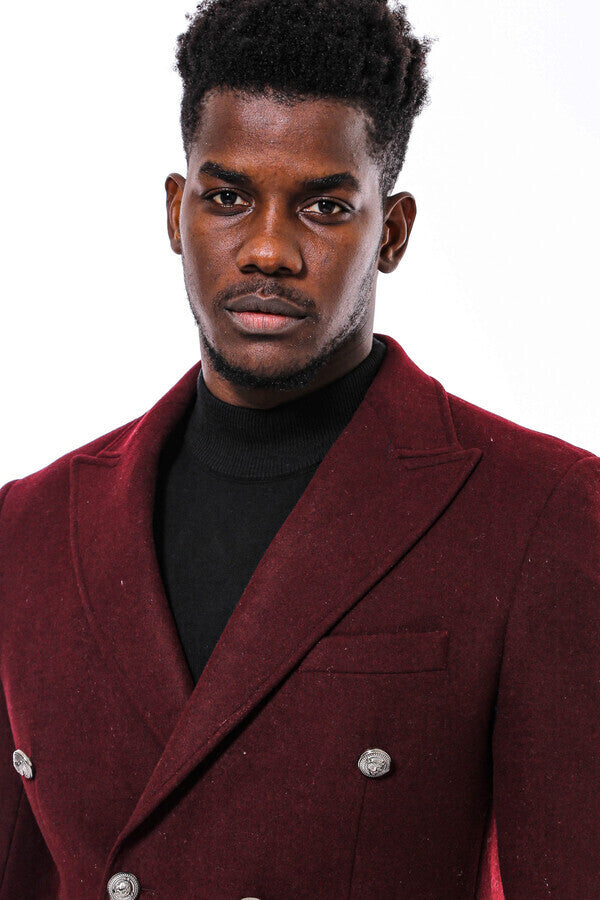WSS Metal Buttoned Double Breasted Burgundy Men Long Coat  - Prescott Valley
