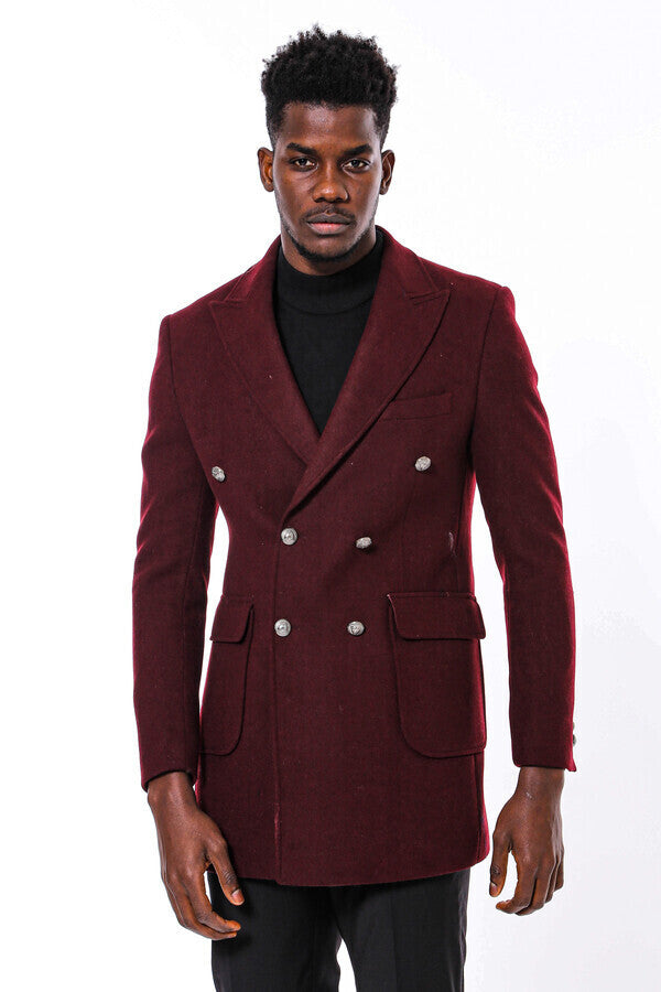 WSS Metal Buttoned Double Breasted Burgundy Men Long Coat  - Prescott Valley