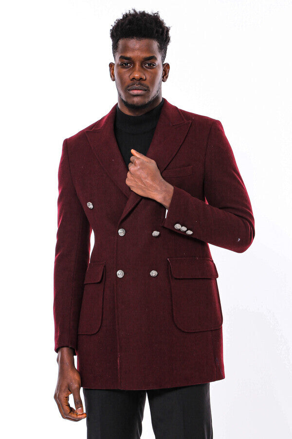 WSS Metal Buttoned Double Breasted Burgundy Men Long Coat  - Prescott Valley