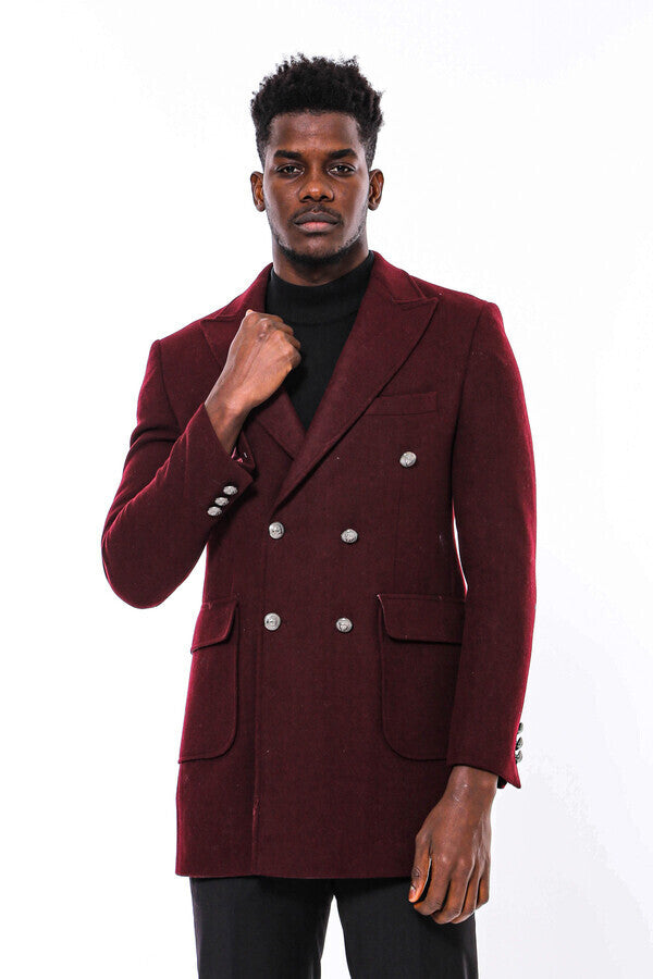 WSS Metal Buttoned Double Breasted Burgundy Men Long Coat  - Prescott Valley
