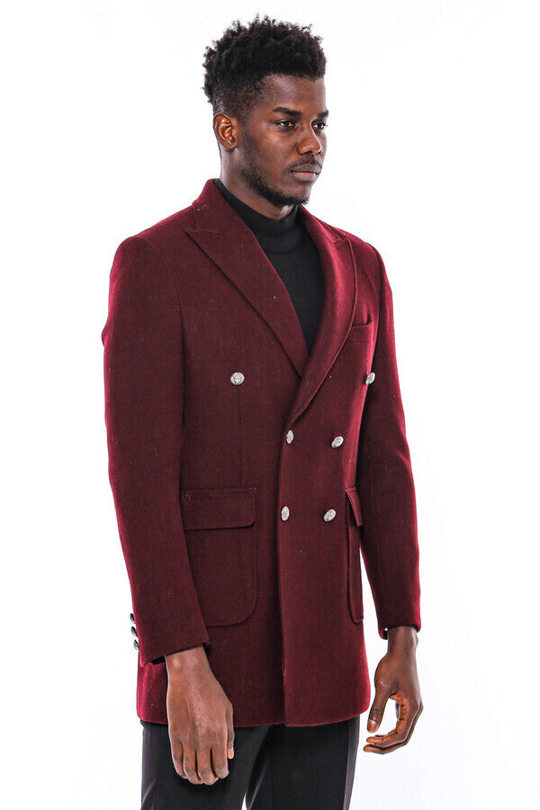 WSS Metal Buttoned Double Breasted Burgundy Men Long Coat  - Prescott Valley