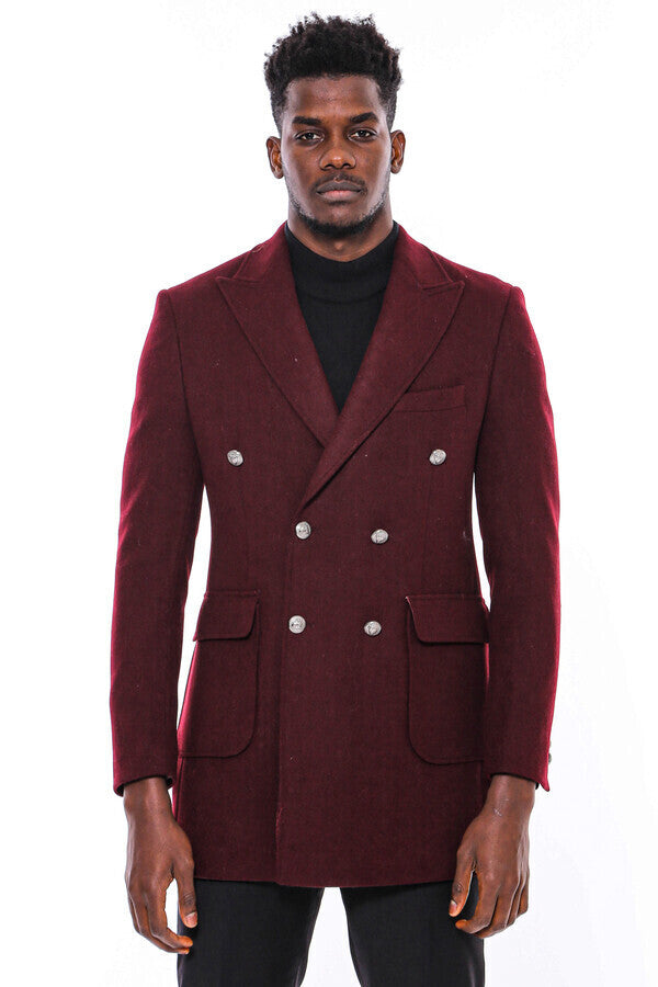 WSS Metal Buttoned Double Breasted Burgundy Men Long Coat  - Prescott Valley