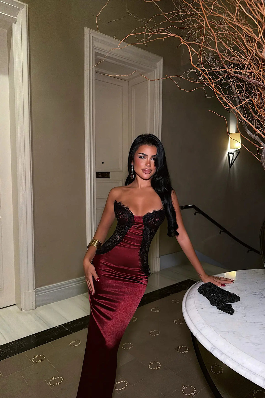 EYY Women Burgundy Satin Dress with Lace Detail - Slobozia