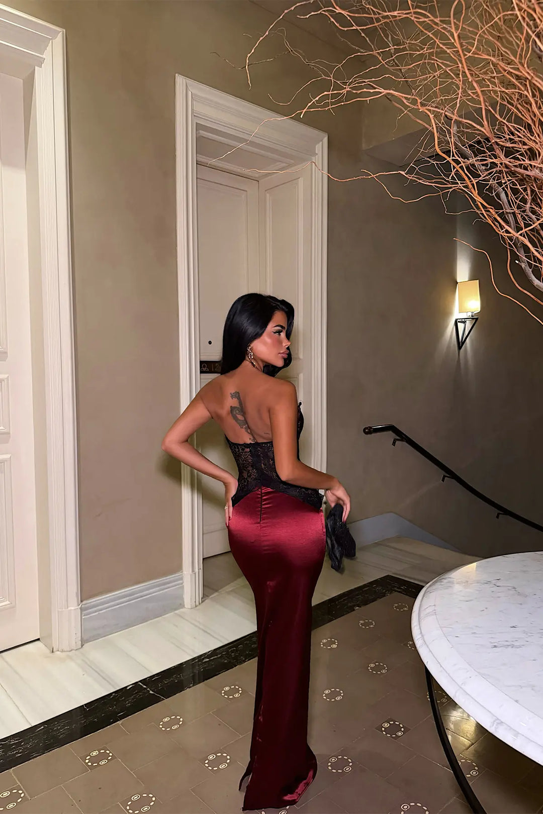 EYY Women Burgundy Satin Dress with Lace Detail - Slobozia