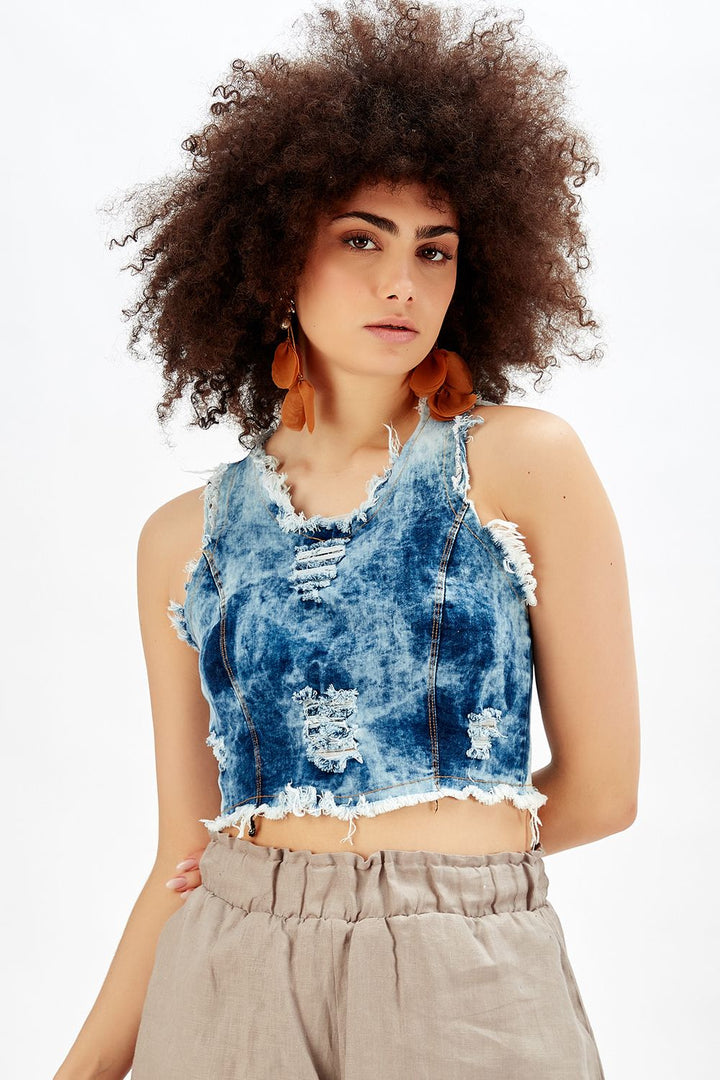 SNS Sense Bustier Indigo Halter Neck Back Zipper Ripped Denim Blouse - Kharkiv