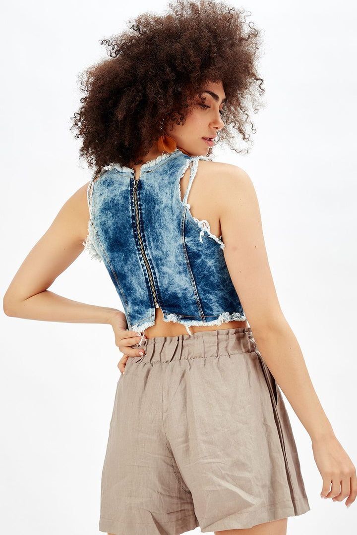 SNS Sense Bustier Indigo Halter Neck Back Zipper Ripped Denim Blouse - Kharkiv