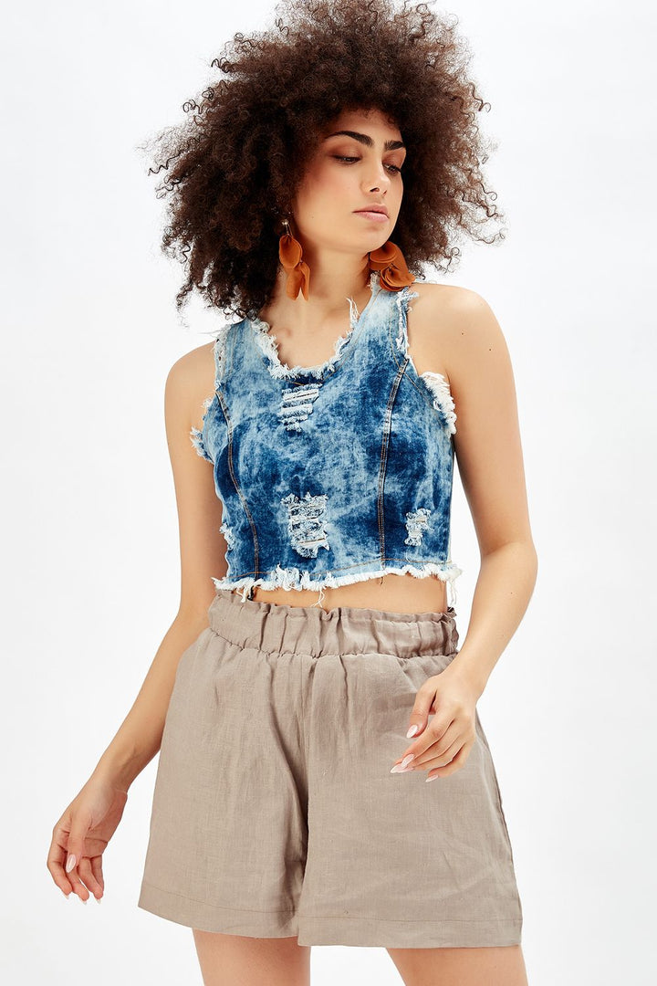 SNS Sense Bustier Indigo Halter Neck Back Zipper Ripped Denim Blouse - Kharkiv