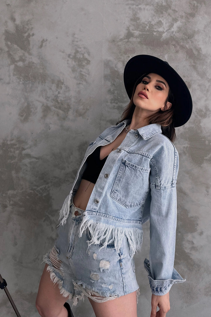 Ice Blue Fringed Detail Denim Jacket BCDF-245413 - Bend