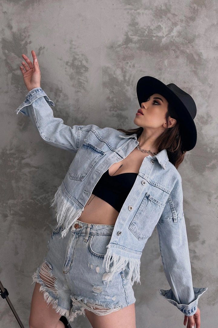 Ice Blue Fringed Detail Denim Jacket BCDF-245413 - Bend
