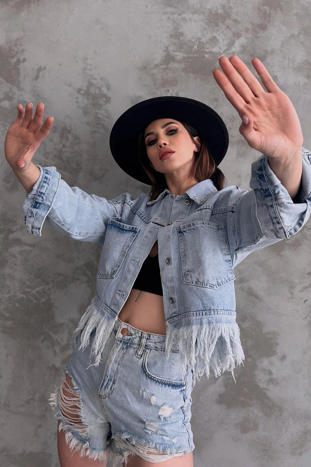 Ice Blue Fringed Detail Denim Jacket BCDF-245413 - Bend