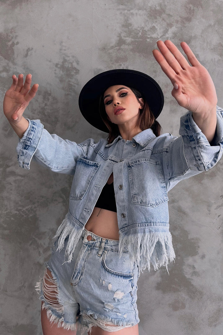 Ice Blue Fringed Detail Denim Jacket BCDF-245413 - Bend