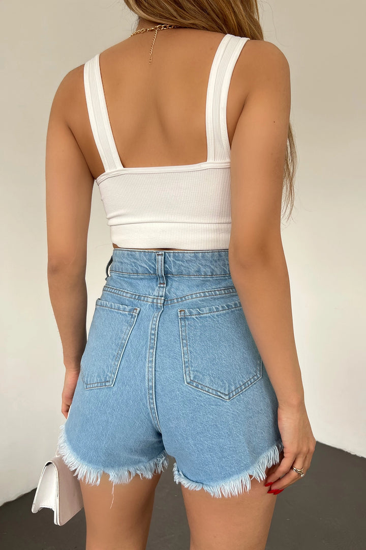 Ice Blue Washed Laser Ripped Mini Denim Shorts BCDF-233301 - Marinha Grande