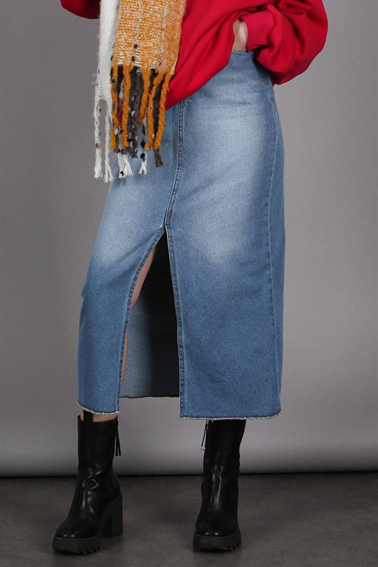 MDX Ice Blue Slit Midi Basic Women's Denim Skirt MG1558 - Leiden