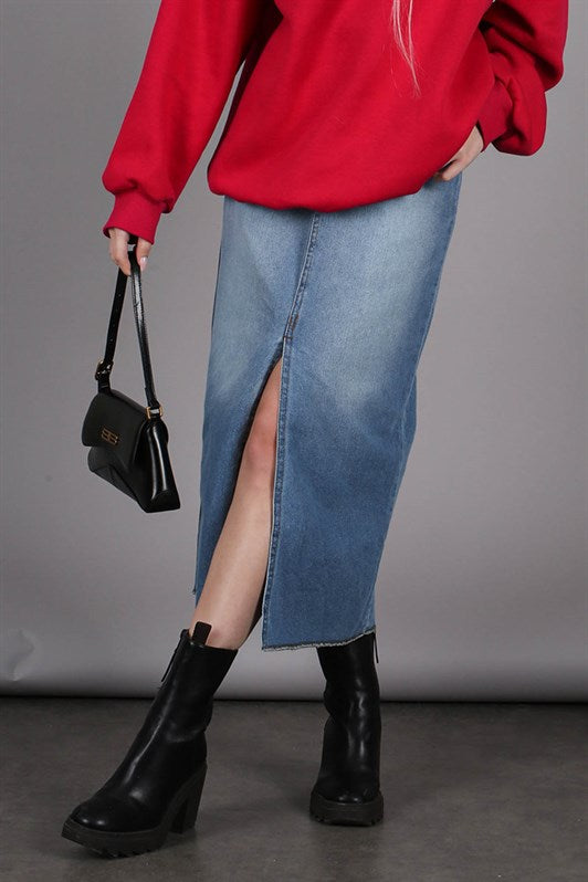 MDX Ice Blue Slit Midi Basic Women's Denim Skirt MG1558 - Leiden