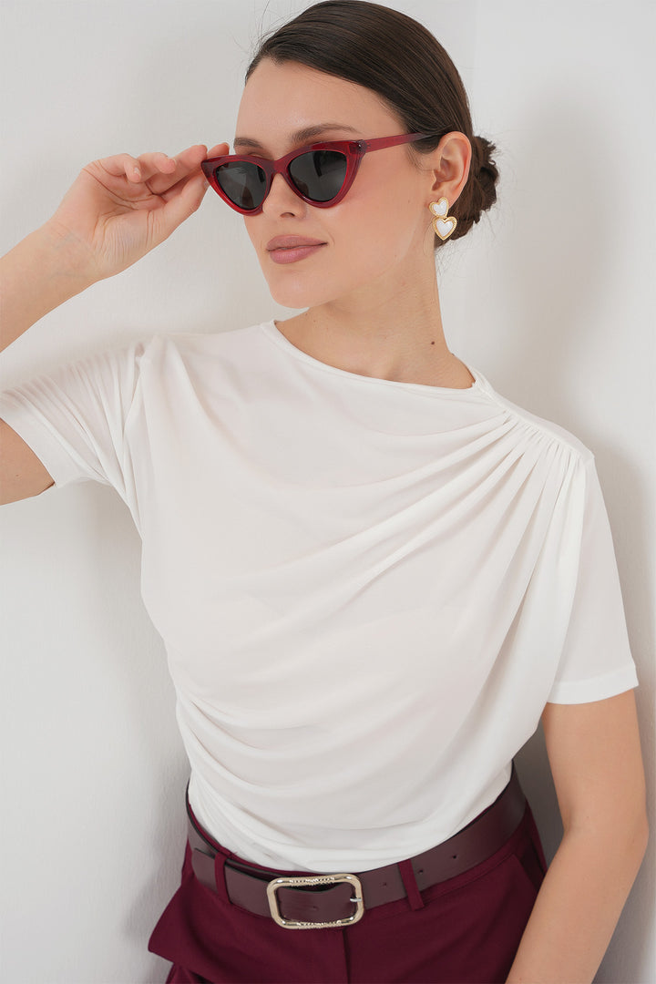 BGD Women Ruffle Detailed Short Sleeve Sandy Blouse 945 - White - Huntington Station