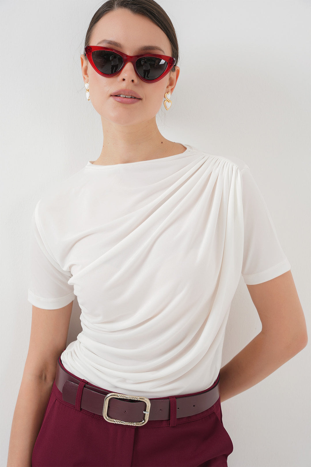BGD Women Ruffle Detailed Short Sleeve Sandy Blouse 945 - White - Huntington Station