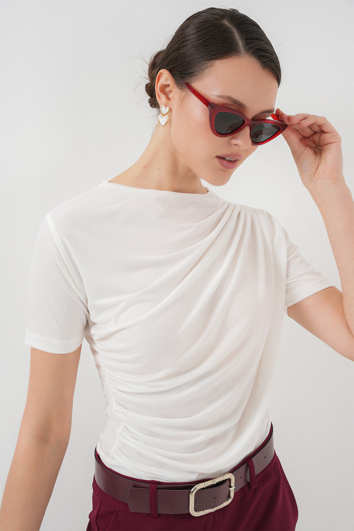 BGD Women Ruffle Detailed Short Sleeve Sandy Blouse 945 - White - Huntington Station