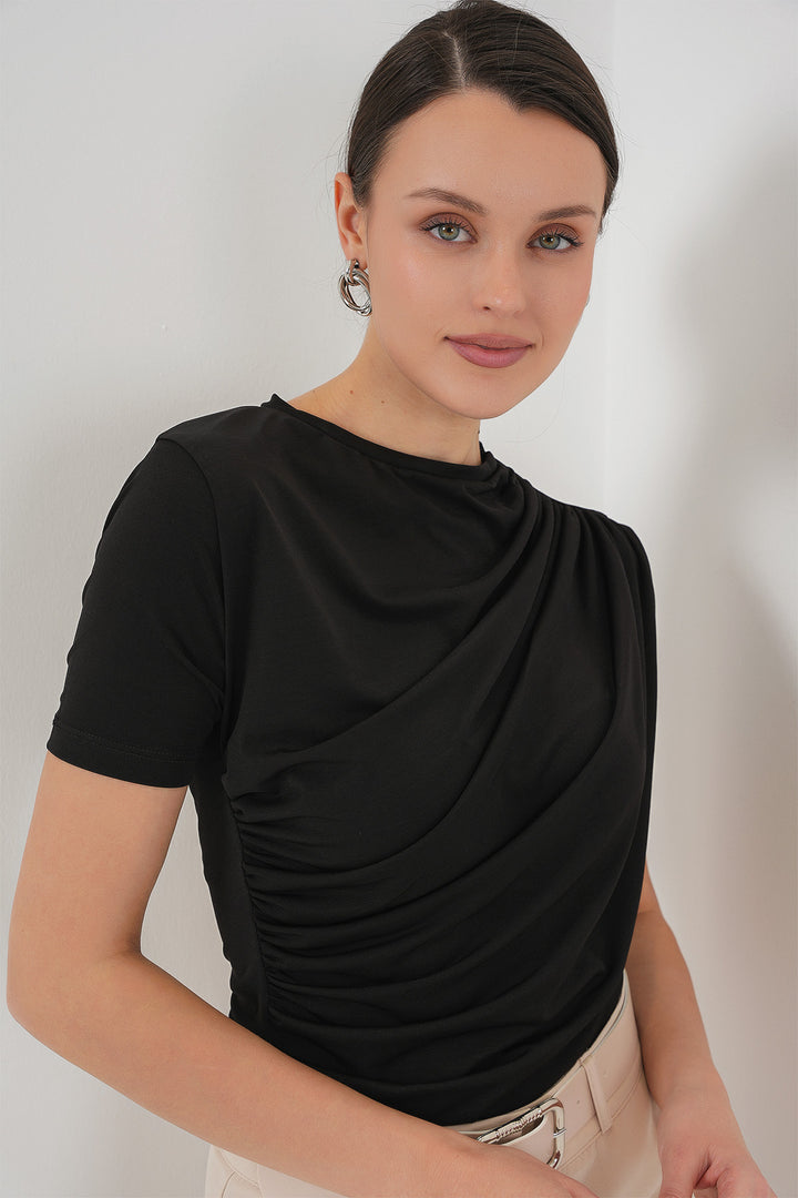 BGD Women Ruffle Detailed Short Sleeve Sandy Blouse 945 - Black - Lodi