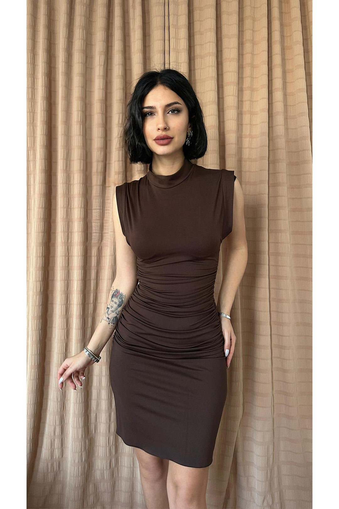 ELS Ruffled Sleeveless Dress - Brown - La Quinta