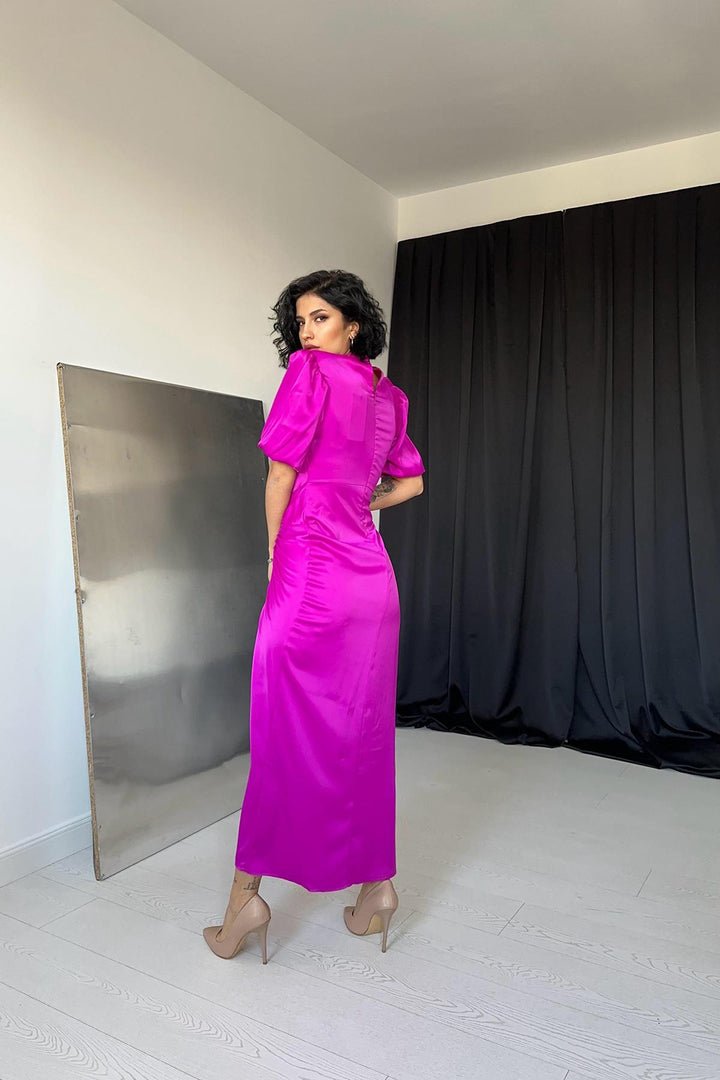 ELS Ruffled Satin Dress - Dark Fuchsia - Imperia