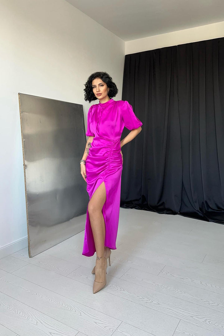 ELS Ruffled Satin Dress - Dark Fuchsia - Imperia