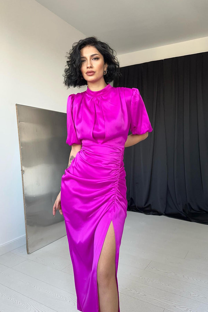 ELS Ruffled Satin Dress - Dark Fuchsia - Imperia
