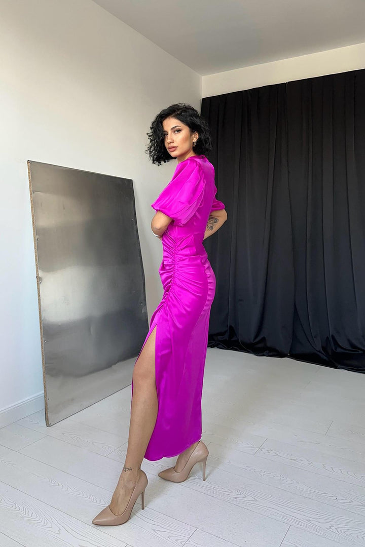 ELS Ruffled Satin Dress - Dark Fuchsia - Imperia