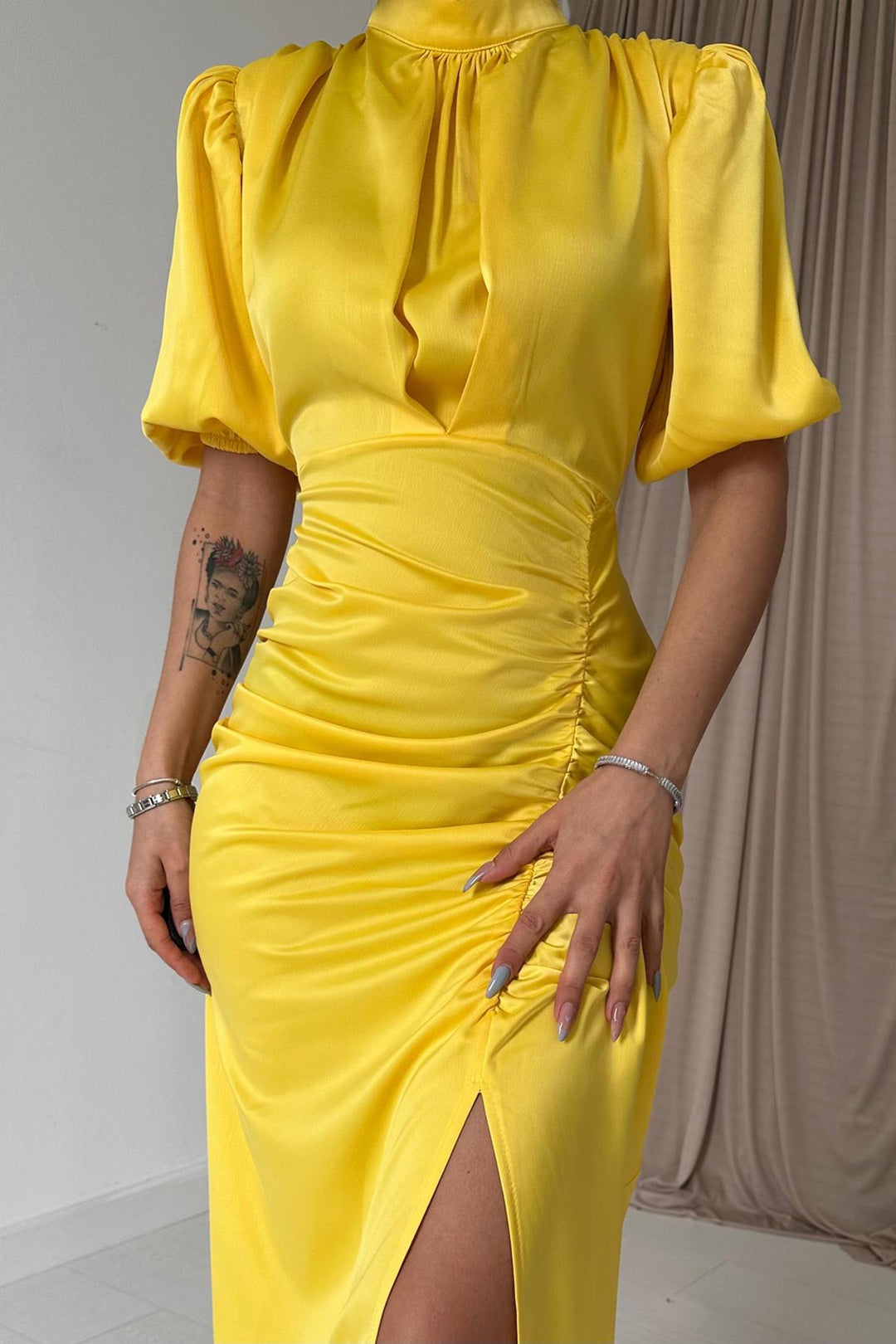 ELS Ruffled Satin Dress - Yellow - Yorba Linda