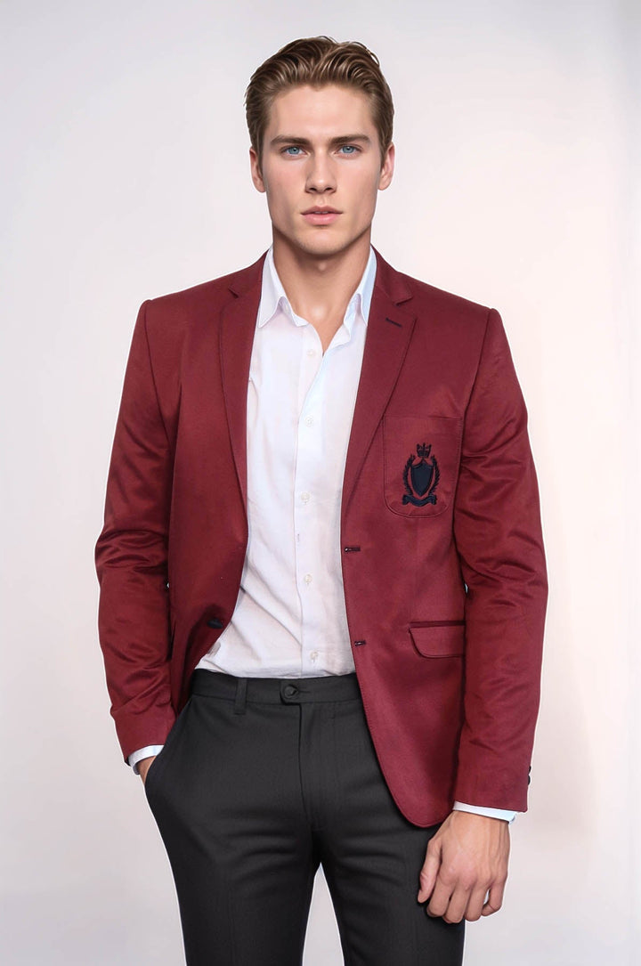 WSS 2 Buttons 3 Pockets Crested Cotton Burgundy Jacket - Chino