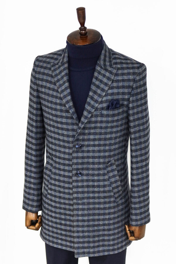 WSS Cachet Plaid Wide Lapel Slim Fit Navy Blue Men Coat  - Túxpam de Rodríguez Cano