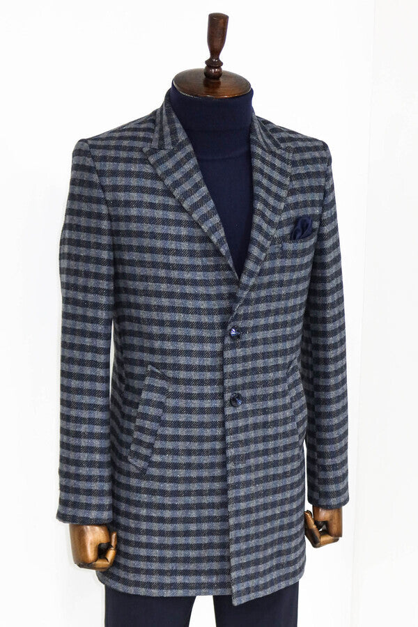 WSS Cachet Plaid Wide Lapel Slim Fit Navy Blue Men Coat  - Túxpam de Rodríguez Cano