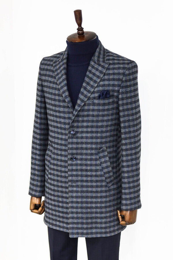 WSS Cachet Plaid Wide Lapel Slim Fit Navy Blue Men Coat  - Túxpam de Rodríguez Cano