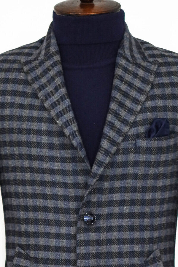WSS Cachet Plaid Wide Lapel Slim Fit Navy Blue Men Coat  - Túxpam de Rodríguez Cano