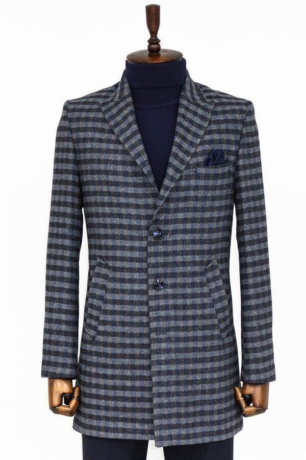 WSS Cachet Plaid Wide Lapel Slim Fit Navy Blue Men Coat  - Túxpam de Rodríguez Cano