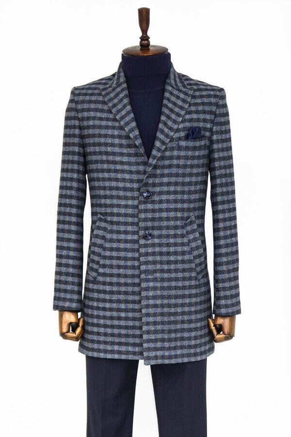WSS Cachet Plaid Wide Lapel Slim Fit Navy Blue Men Coat  - Túxpam de Rodríguez Cano