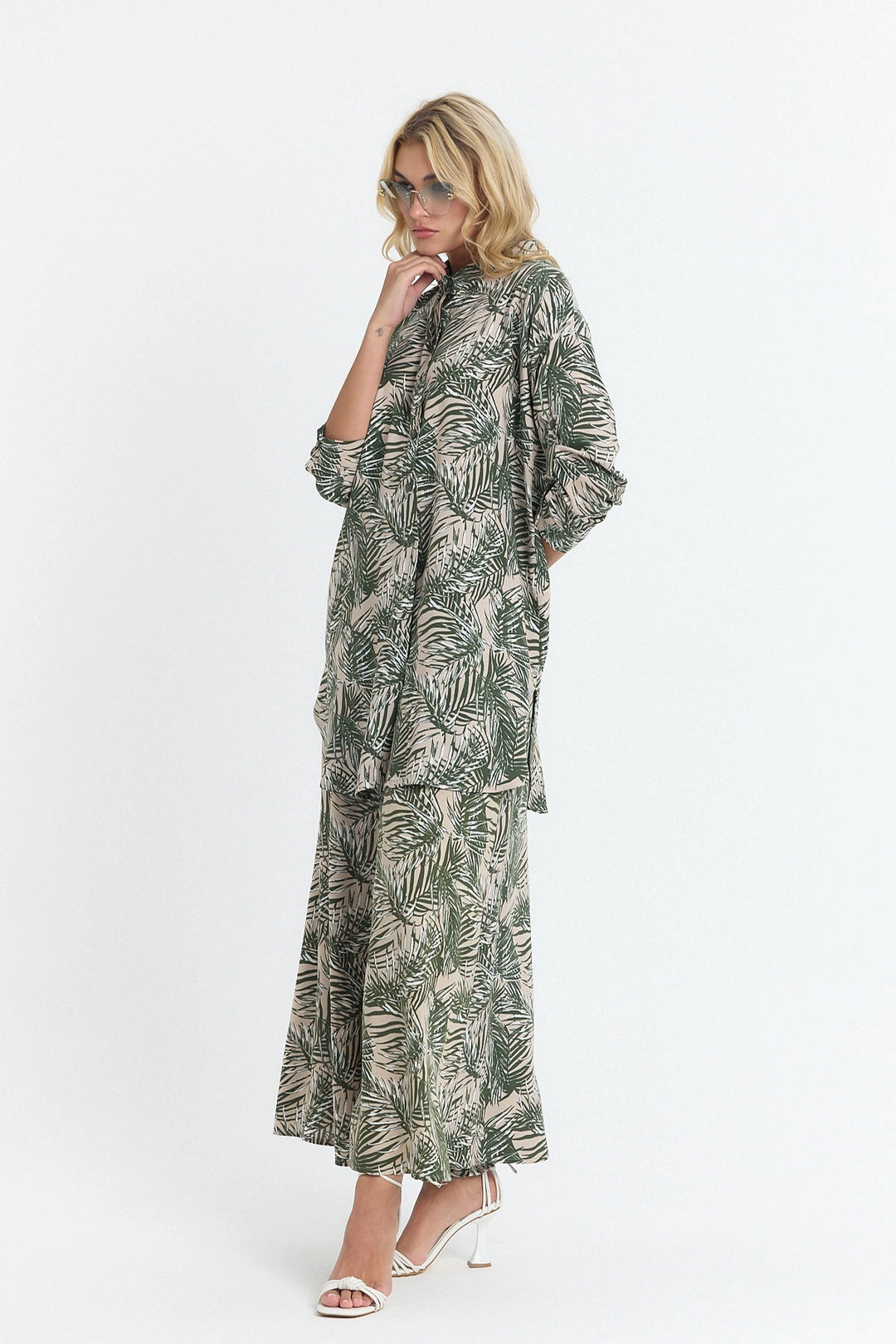 Unripe Green Flower Patterned Long Tunic and Pants Woven Viscon Top Bottom Set BCVL-25V053-2 - Brighton
