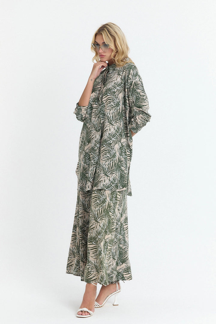 Unripe Green Flower Patterned Long Tunic and Pants Woven Viscon Top Bottom Set BCVL-25V053-2 - Brighton