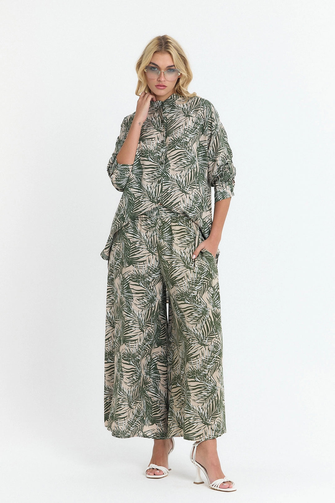 Unripe Green Flower Patterned Long Tunic and Pants Woven Viscon Top Bottom Set BCVL-25V053-2 - Brighton