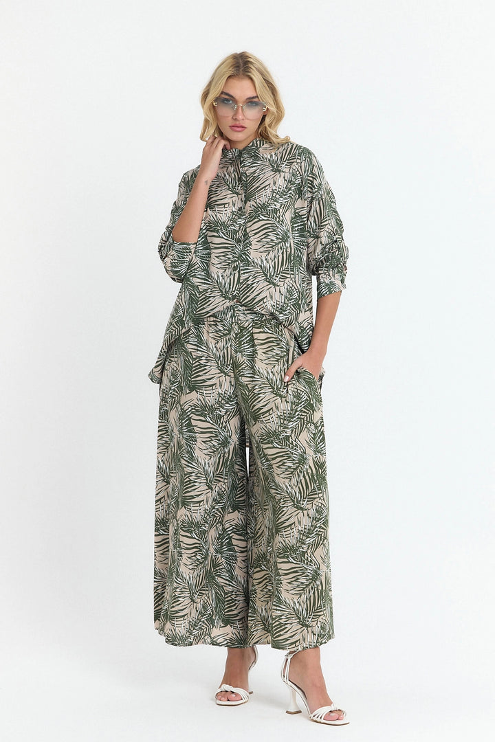 Unripe Green Flower Patterned Long Tunic and Pants Woven Viscon Top Bottom Set BCVL-25V053-2 - Brighton