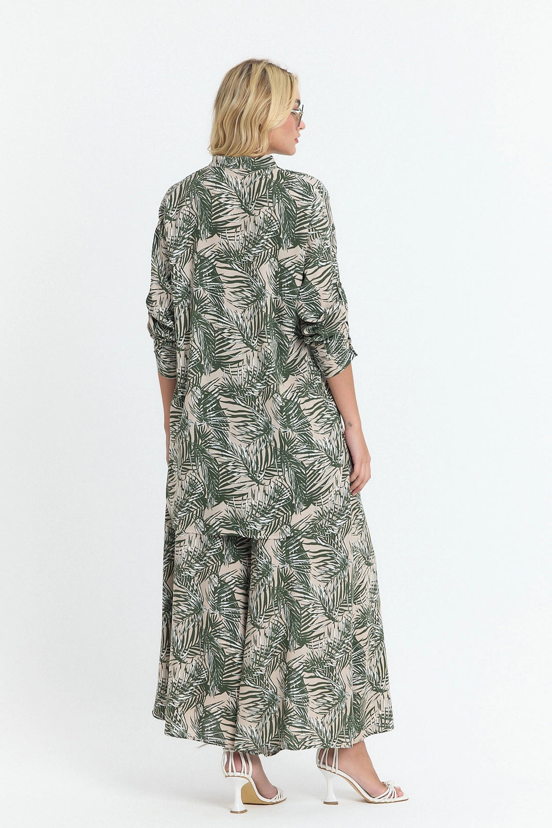 Unripe Green Flower Patterned Long Tunic and Pants Woven Viscon Top Bottom Set BCVL-25V053-2 - Brighton