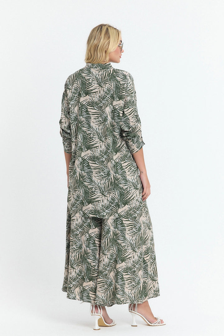 Unripe Green Flower Patterned Long Tunic and Pants Woven Viscon Top Bottom Set BCVL-25V053-2 - Brighton