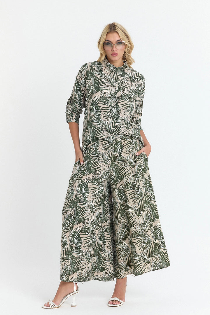 Unripe Green Flower Patterned Long Tunic and Pants Woven Viscon Top Bottom Set BCVL-25V053-2 - Brighton