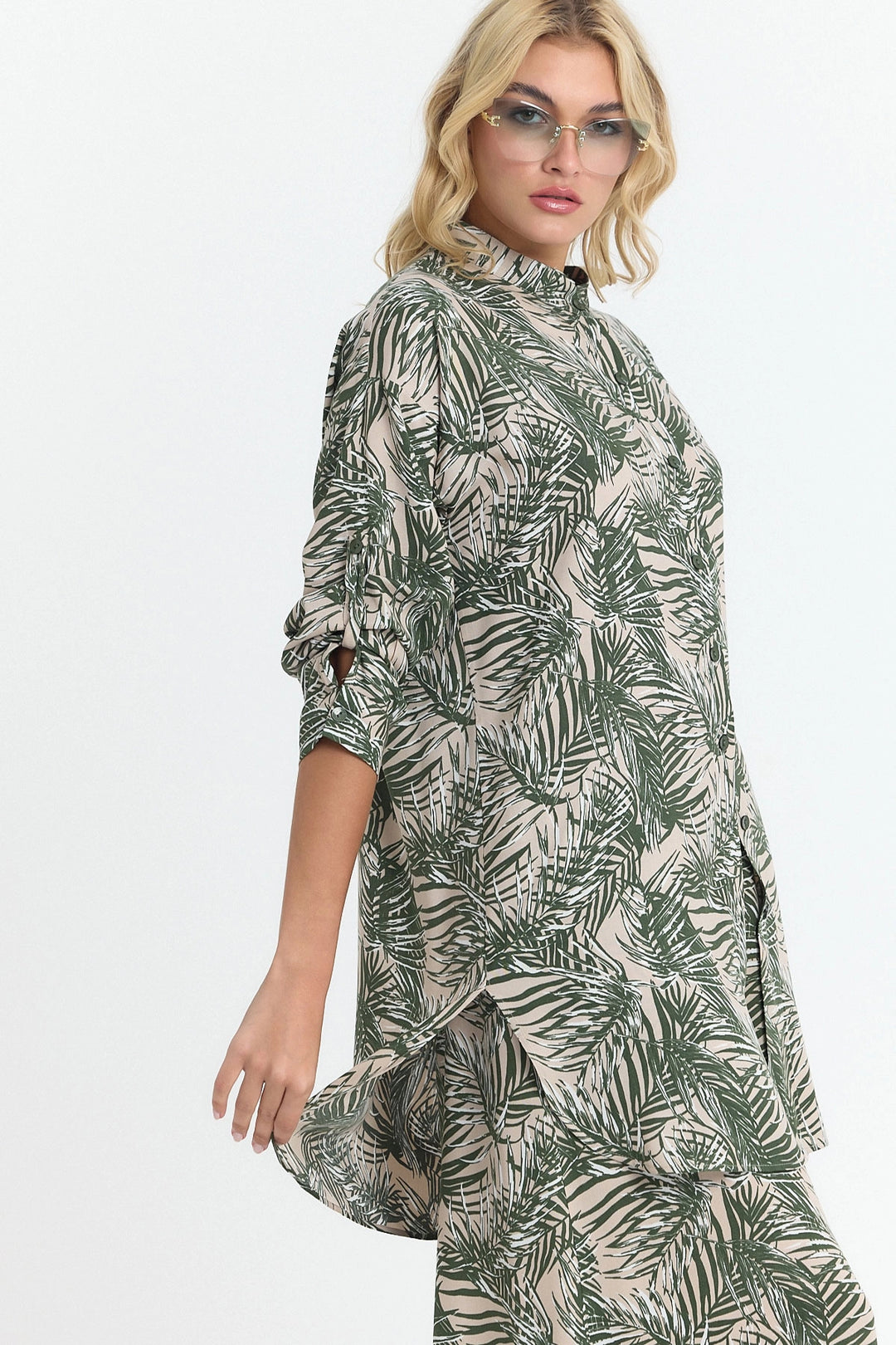 Unripe Green Flower Patterned Long Tunic and Pants Woven Viscon Top Bottom Set BCVL-25V053-2 - Brighton
