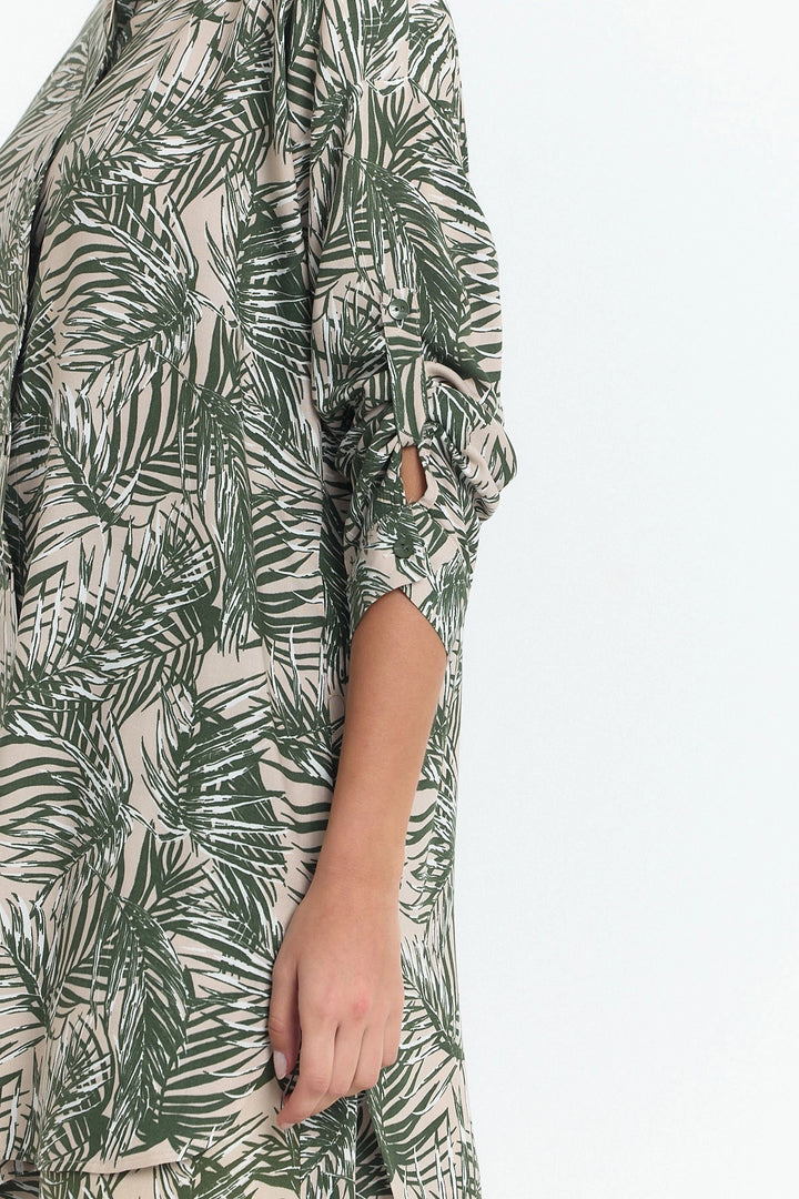 Unripe Green Flower Patterned Long Tunic and Pants Woven Viscon Top Bottom Set BCVL-25V053-2 - Brighton