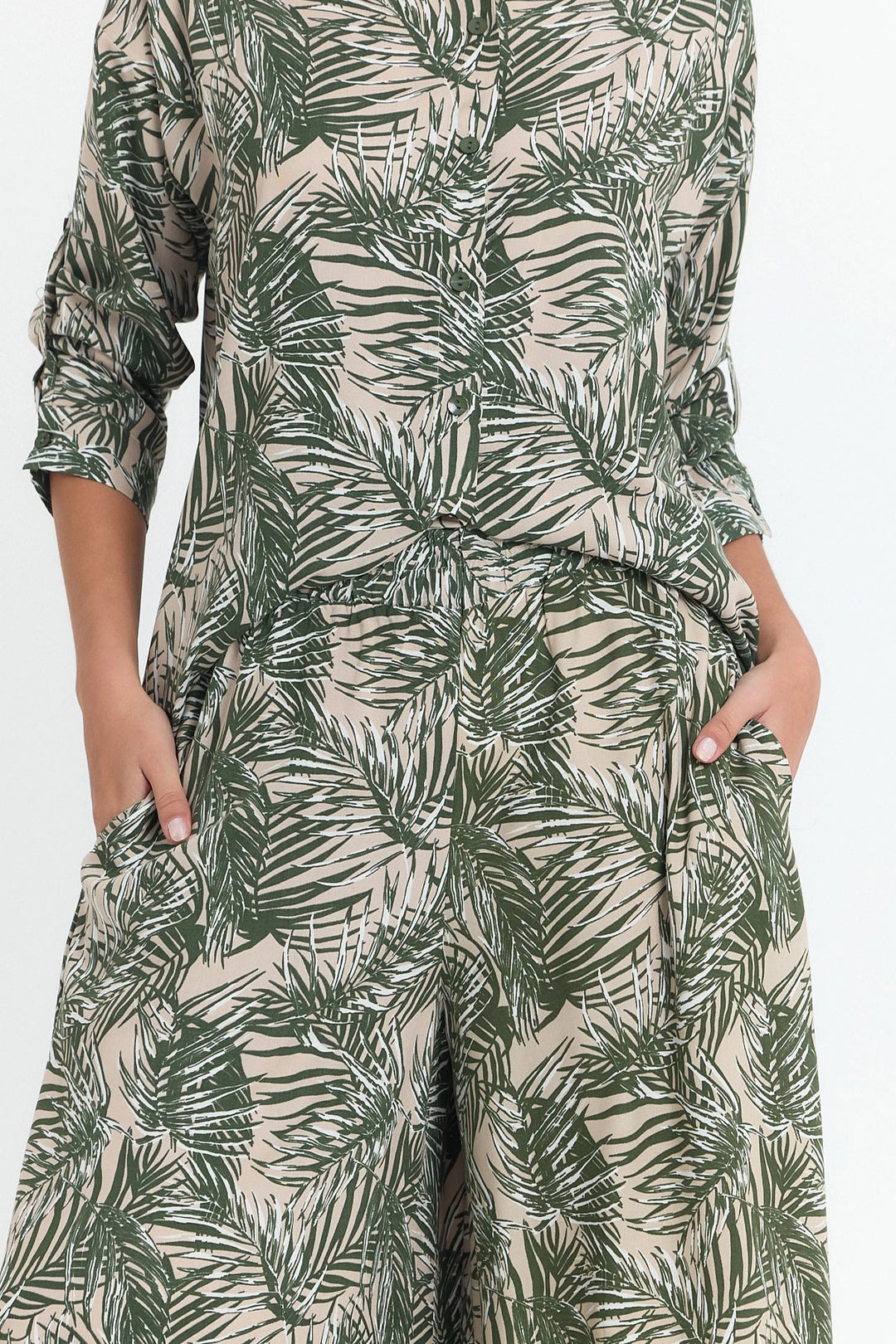Unripe Green Flower Patterned Long Tunic and Pants Woven Viscon Top Bottom Set BCVL-25V053-2 - Brighton