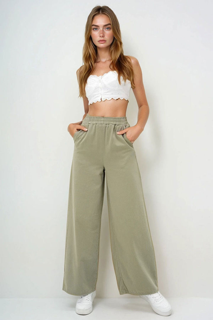 Unripe Green Double Pocket Gabardine Palazzo Pants BCHNW-251185 - Yenakiieve