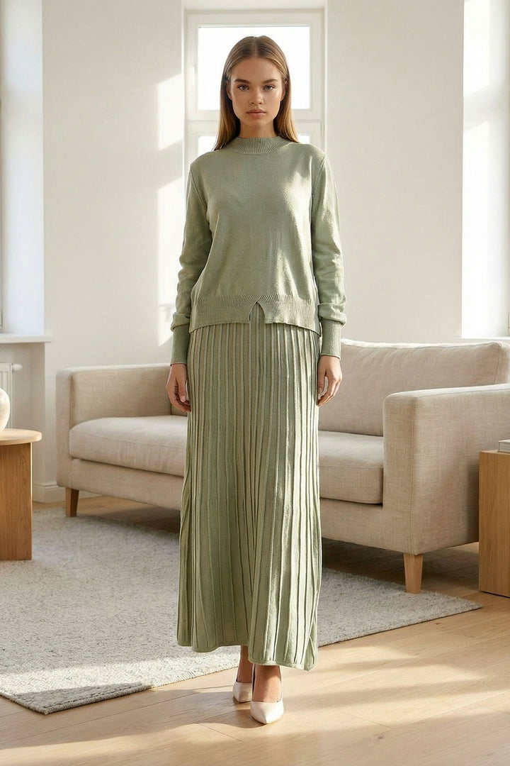 Unripe Green Half Fisherman Collar Sweater and Midi Length Pleated Skirt Set BCHPK-251253 - Düren