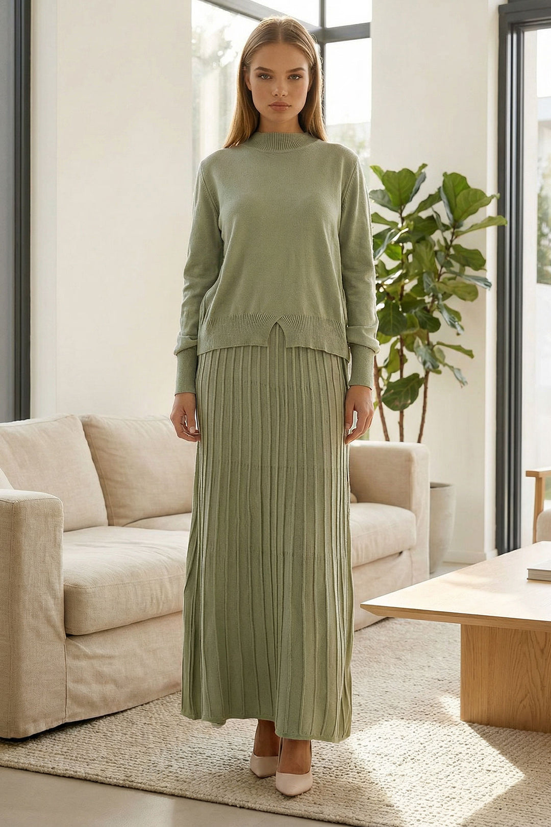Unripe Green Half Fisherman Collar Sweater and Midi Length Pleated Skirt Set BCHPK-251253 - Düren
