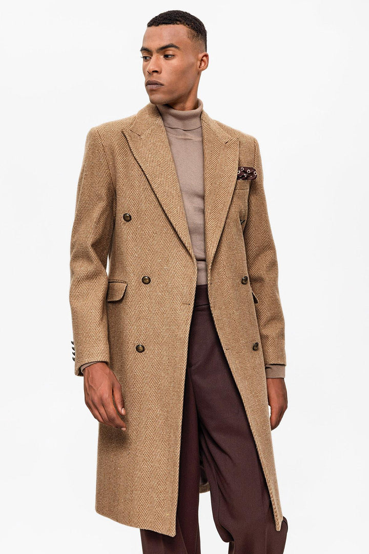 ANT Antioch Camel Herringbone Pattern Double-Breasted Men's Coat - Millcreek